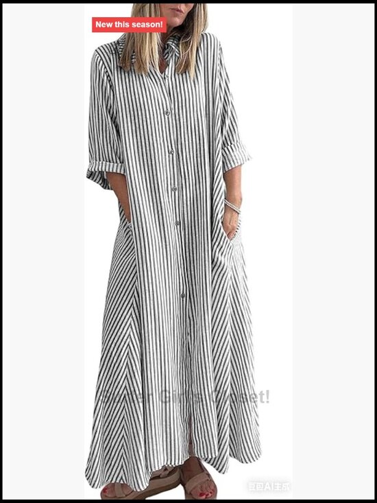 Dresses & Skirts - 2026 Boho Striped Maxi Shirt Dress 3/4 Sleeve Button Down V-Neck A-Line with